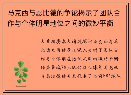 马克西与恩比德的争论揭示了团队合作与个体明星地位之间的微妙平衡 马克西与恩比德的争论揭示了团队合作与个体明星地位之间的微妙平衡