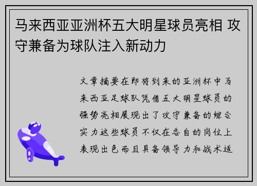 马来西亚亚洲杯五大明星球员亮相 攻守兼备为球队注入新动力